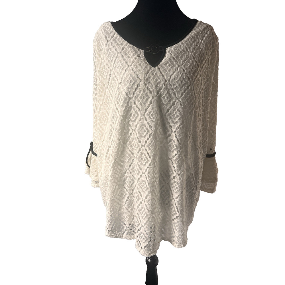 Olivia Blu Lace 3/4 Layered Bell Sleeve Black Trim Cream Women Top 3X NWT - Picture 2 of 8
